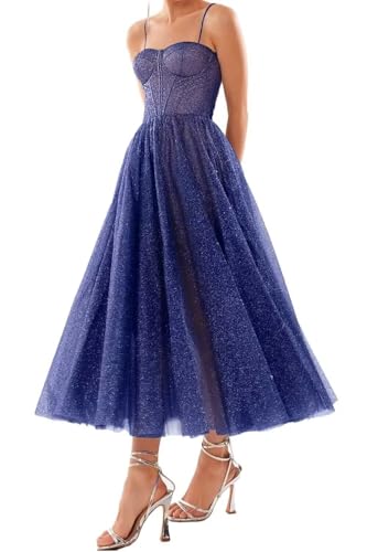 A-line Glitter Tulle Prom Dresses for Women Spaghetti Straps, Tea Length Sweetheart Cocktail Dress Formal Gowns