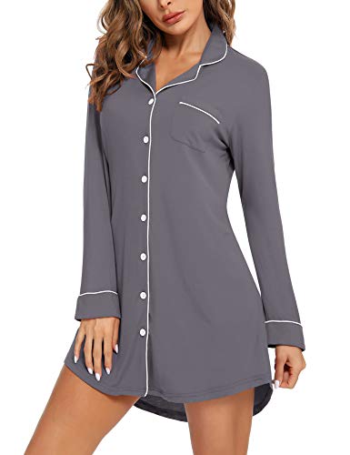 Image of Samring Sleepwear Long Sleeve Nightshirt Satin Sleepshirt Button Front Pajama Top for Women Gray L