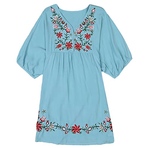 Asher Mexican Embroidered Peasant Dressy Tops Blouses (One Size, Light Blue) #TOP16