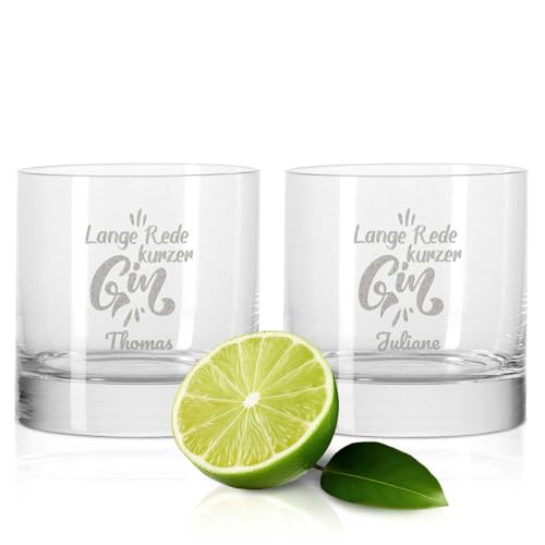 GRAVURZEILE 2er Set GIN-Gläser - Lange Rede kurzer Gin mit Wunschnamen - Geschenk für Kollegen, Freunde & Familie - Witziges Geburtstagsgeschenk - Party Mitbringsel Geschenkset