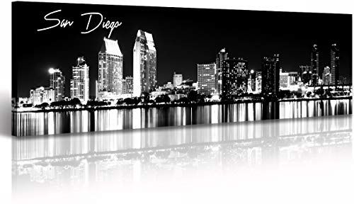 Image of DJSYLIFE San Diego Skyline Wall Art,Black and White Cityscape 13.8 inchx47.3 inch