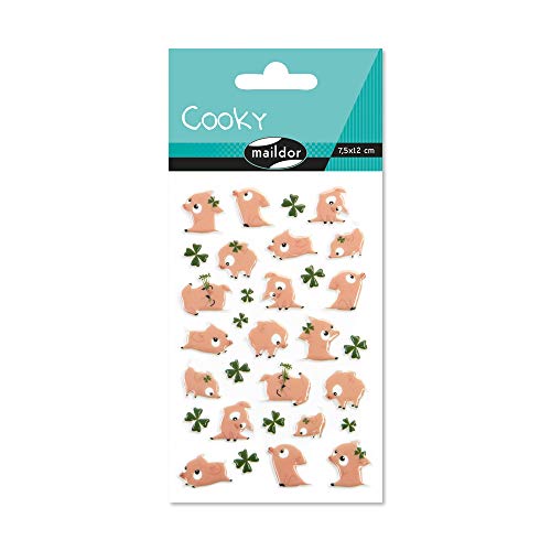 Maildor - Ref CY101C - Pegatinas para galletas (hoja individual) - 7,5 x 12 cm - Diseños de cerdos y tréboles - Aproximadamente 31 pegatinas, pegatinas 3D, adecuadas para niños mayores de 3 años Cover