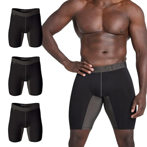 STEP ONE Boxer Brief Sport. Longer Length Mens Boxers Shorts with 3D Pouch, Anti Chafing Underwear Mens, Breathable Bamboo, All-Day Comfort for Sports & Fitness Black and Charcoal X 3 M