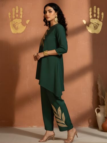 Image of Women's Magenta Chanderi Sequin Embroidered Co-ord Set | Round Neck 3 /4 Sleeve Asymmetric Top with Trousers | Festive Co-ord for Party, Wedding
