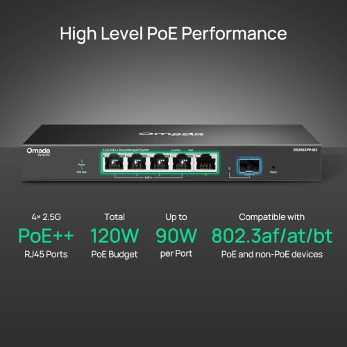 Image of TP-Link Omada 5 Port 2.5G PoE Switch, Easy Managed, 120W Budget, PoE++ Compliant, 10G SFP+ Port, Auto Recovery, VLAN, Loop Prevention, Fanless (ES206XPP-M2)