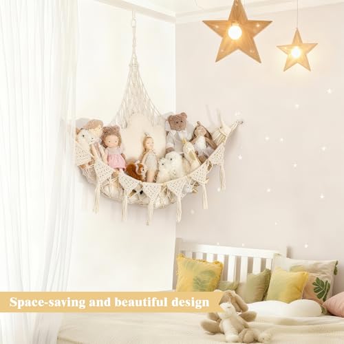 Miniatura 5 de Lahnaokfis Organizador Peluches, Hamaca Boho Red Peluches Juguetes Grande Capacidad, Organizador Colgante Pared, Red Juguetes Colgante Decoración Habitación Niños, Ideal Habitación Infantil