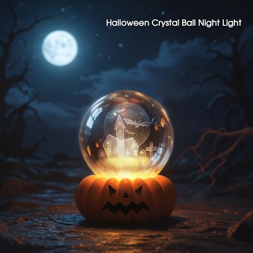 Image of L LOHAS LED 3D Crystal Ball Night Light-Laser Engraved Haunted House Bat | Pumpkin Base, Cute & Funny Halloween Night Light for Kids, 3000K Warm White for Halloween Party Decor