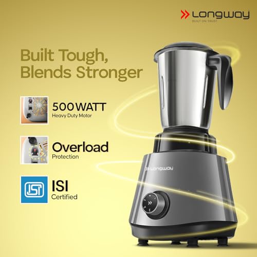 Image of Longway Super Pro Mixer Grinder | 500 Watt Powerful Motor | 3 Jars for Grinding, Mixing, Juicing | 2 Years Warranty (Silver & Black)