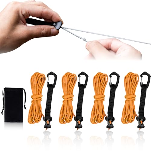 4 Pack Guy Lines-Ultralight Tent Cords with Locking Carabiner Clip, 2mm 100% Nylon Guylines Ropes for Outdoor Camping Tent Tarp,Climbing,Hiking Backpacking (Orange, 4M)
