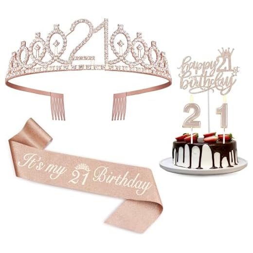 21st birthday decorations for her, Including 21st birthday sash, cake topper, crown, candles，21st birthday gifts for her, 21st birthday decorations for women