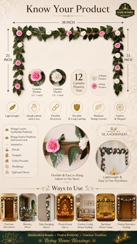 Image of Divyakosh Mango Leaf Vine /Creeper with Camellia Flower for Door Decoration 80 Inch | 12 Camilia Flowers Hanging Thoran /Bandarwal for Diwali Ganpati Navratri Wedding Pooja Home Entrance Decor