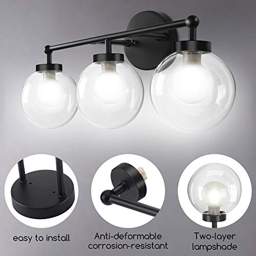 OOWOLF 3-Light Bathroom Vanity Light, 11W 5000K Indoor Wall Light Fixtures, LED Make-up Mirror Front Light, Two-Layer Glass lampshades, Matte Black