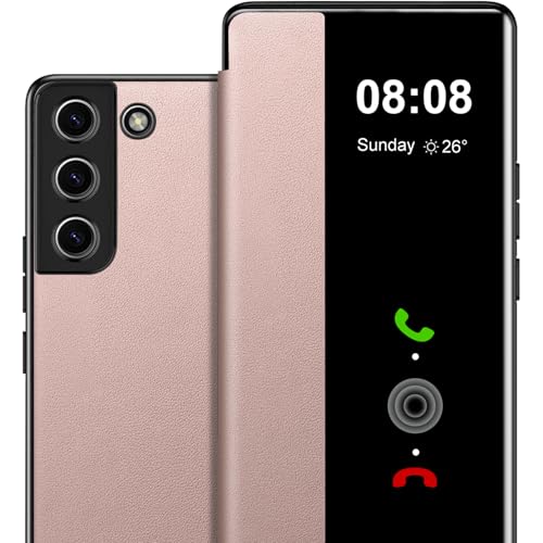 Étui à rabat pour Samsung S21 5G en cuir PU rose avec clapet transparent