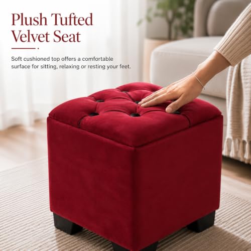 Image of Velvet Cube Ottoman | Seating Stool for Living Room | Soft Cushioned Footrest Stool with Durable Plastic Legs | Multipurpose Seating, Side Table & Pouffe Home Decor, 12x12x14 inch (Maroon)