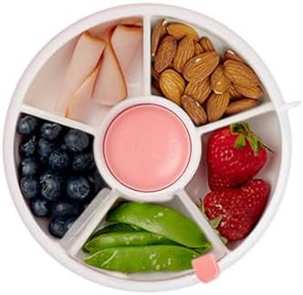 GoBe Kids Small Snack Spinner Flip Bundle with Hand Strap and Sticker Sheet - Reusable Snack Container with 5 Compartment Dispenser and Lid | BPA/PVC Free | Dishwasher Safe | No Spill - Coral Pink