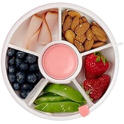 مجموعة GoBe Kids Small Snack Spinner Flip Bundle مع حزام يد وورقة ملصقات - حاوية وجبات خفيفة قابلة لإعادة الاستخدام مع موزع وغطاء مكون من 5 حجرات | خالية من مادة BPA/PVC | آمنة للغسل في غسالة الأطباق | لا تنسكب - وردي مرجاني