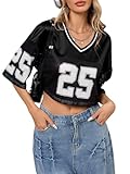SOLY HUX Women's Jersey Shirts Number Graphic V Neck Half Sleeve Tees Football Blockcore Crop Tops Black Number Medium