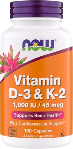 Now Supplements Vitamin D3 K2 1 000 IU/45 mcg Cardiovascular Support Supports Bone Health 180 Vegetarian Capsules - Vegan Gluten Free Kosher