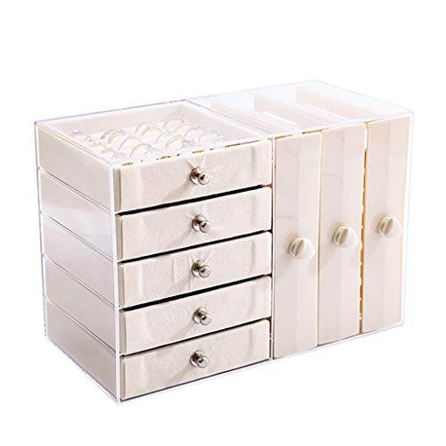 Organizador multifuncional para joyas, con 3 cajones y 5 niveles, estuche de almacenamiento transparente de franela de gran capacidad para collares, pendientes y pulseras (26 × 13 × 18 cm).