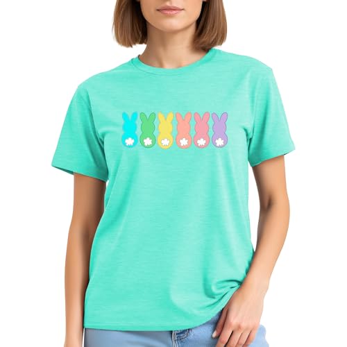 Image of Easter Shirts for Women-Cute Easter Bunny Tee Tops Oh for Peeps Sake Shirt Rabbit Printing Short Sleeves
