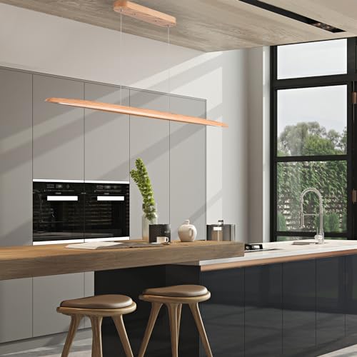 Image of YISDESIGN 59 inch 40W Wood LED Linear Pendant Light Fixture Led Dining Room Light Dimmable Hanging Light Fixture for Dining Room Kitchen Island Pool Table Lights Natural Ash
