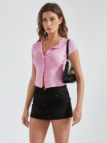 Image of OMKAGI Women Button Down Ribbed Short Sleeve Shirts Fitted Knit Cropped Cardigan Sweaters