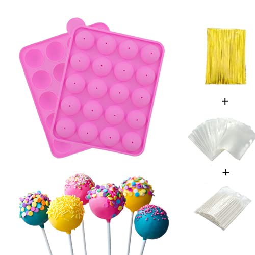 Moules à cake pop, 20 moules à gâteau en silicone Moules à moule à sucettes en silicone Moules à gâteau en silicone + 100 emballages clairs+ 100 bâtons+100 cravates métalliques de torsion en jaune