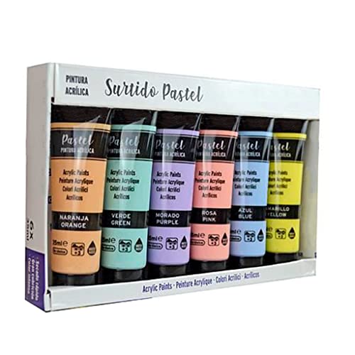TIENDA EURASIA - Pack 6 Tubos Pinturas Acrilicas, Set Pintura Acrilica con 6 Colores, Acabado Satinado, Fluor, Metalizado o Pastel, Pinturas Acrilicas para Lienzos o Manualidades de 35 ml (Pastel)