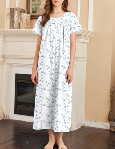 Image of Ekouaer Nightgown for Women Cotton Long Night Gown Short Sleeve Nightdress with Pockets Button Sleepshirt Soft Sleepwear