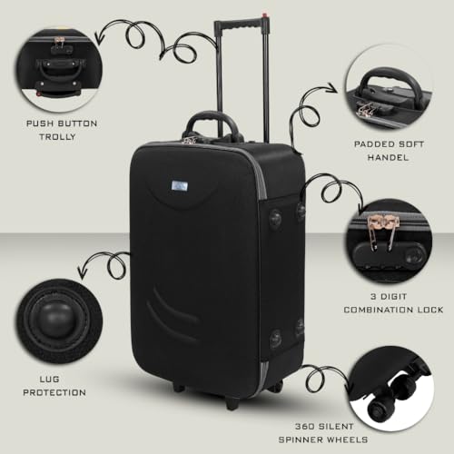 Image of Trolley Bag 20 Inch Cabin Size | Soft Shell Travel Suitcase with Reinforced Stitching Lightweight Fabric Luggage for Flight Cabin | Blue (Black)