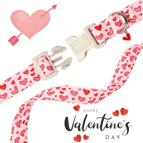 Image of Valentine's Dog Collar, UP URARA PUP Pink Heart in Red Adjustable Pet Collar with Bowknot Charm, Wedding Dog Accessories for Small Medium Large Dogs