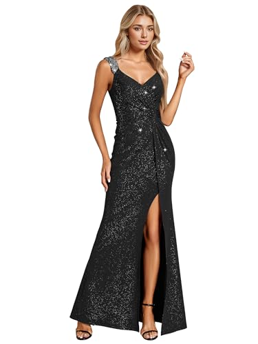 Ever-Pretty Women's Glitter Evening Dresses Women's V Neck Stretchy High Slit Sequin Shoulder Strap Formal Gowns 01888