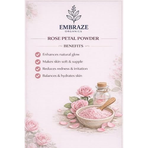 Image of Embrace Organics Rose Petal Powder for Skin Care | 100% Pure Natural Face Pack | Hydrating, Soothing & Skin Brightening | Herbal Powder for Glowing Skin (100g)