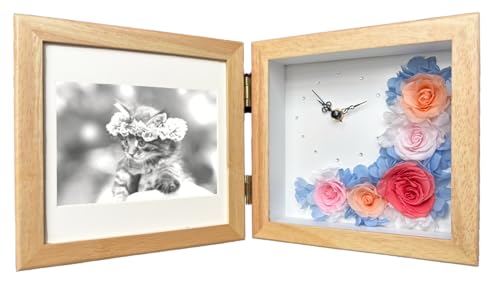 Nefeibata プリザーブドフラワー 結婚祝い 誕生日 写真立て フォトフレーム 時計 退職祝い 花 プレゼント (パリスピンク・ナチュラル)