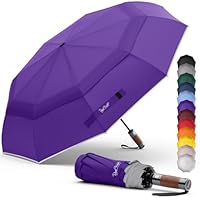 Royal Walk Windproof Folding Travel Umbrella Compact and Strong Luxurious Real Wood Handle Automatic Open Close Vented Double Canopy for Men and Women (Purple)