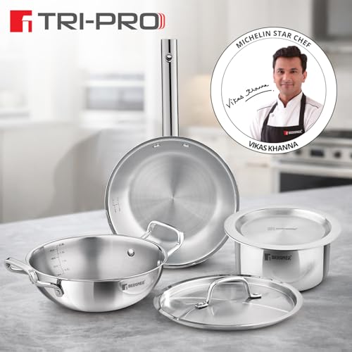Image of Bergner Tripro Triply Cookware Set 5 Pcs - 22cm (2.3L) Kadai with Lid, 22cm Frypan, 16cm (1.8L) Tope with Lid, Consumes Less Oil, Healthy Cooking, Even Heat Distribution, Induction and Gas Stove Ready