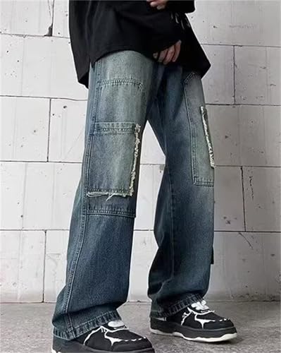 Men's Loose Fit Motorcycle Multi-Pockets Workwear Denim Cargo Jeans Baggy Straight Fit Wide Leg Pants4