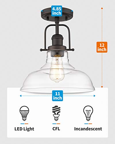 FEMILA Semi Flush Mount Ceiling Light, Farmhouse Close to Ceilight Lighting Fixture, Oil Rubbed Bronze Finish, Clear Glass Pendant Lamp Shade, 4FY09-F ORB