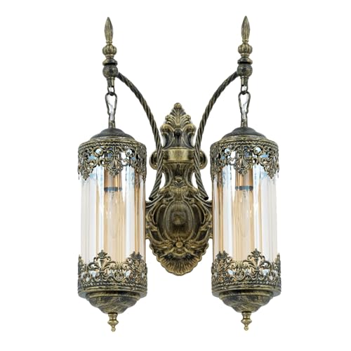 RONGHUAFUGUI Rustic Wall Sconce with Amber Glass Vintage 2-Lights Antique