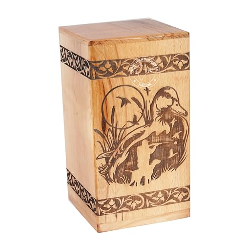 Image of Handcrafted Floral Engraved Wooden Urns for Human Ashes Adult Large - Cremation Urn for Ashes - Burial Urn for Columbarium - Funeral Urn Box (Duck, 250 LB - Beechwood)