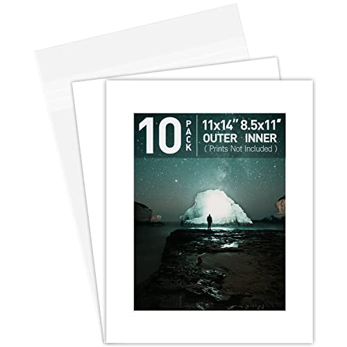 Golden State Art, White Pre-Cut 11x14 Picture Mat for 8.5x11 Photo, with Acid Free White Core Matte Sets. Includes 10 Bevel Cut Mattes, Backing Backers Board & Clear Bags (Complete Set, 10-Pack)