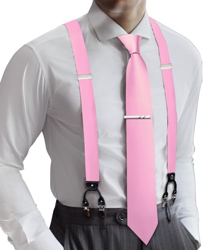 Image of Barry.Wang Men Suspender Set with Necktie Elastic Y Type Heavy Duty 6 Clips Braces Tie Handkerchief Cufflink Pin 6PCS