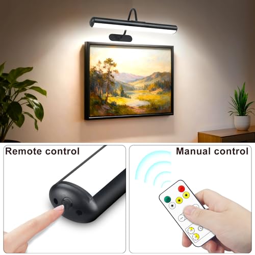 Image of Wireless Picture Light for Wall, Battery Painting Lighting with Metal Material, Remote Control,3 Lighitng Colors,300LM Brightness Dimmable, Timer Auto-off, Adjustable Light head for Portrait Gallery