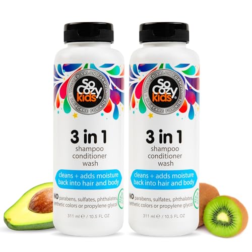 SoCozy 3-in-1 Kids Shampoo + Conditioner + Body Wash (10.5 Fl Oz, 2 Pack) Gentle, Hydrating Hair & Body Cleanser with Keratin, Vitamin B5, & Kiwi Extract, Paraben & Sulfate-Free