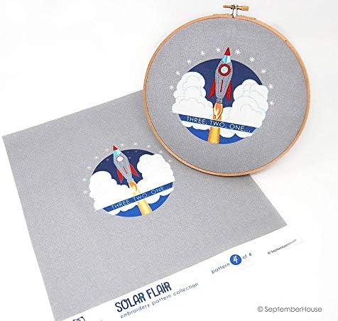 Modern Space Embroidery Kit, Three Two One Rocket Embroidery Panel Pre-printed fabric for hand embroidery, Space Embroidery
