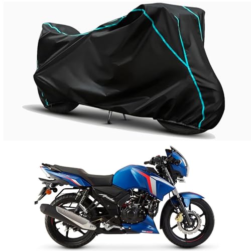 Image of Waterproof Bike Body Cover Compatible for | TVS Apache RTR 160 BS6 | Taffeta Fabric, Sky Piping Design, Bottom Elastic Fit | Dustproof, Sun UV & Rain Protection for All Weather.