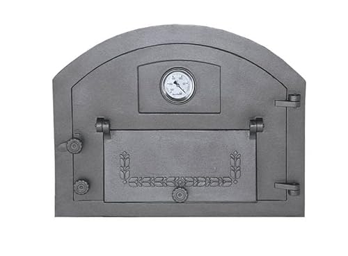BBQrolling Pizzaofentür Premium 610x480 Backofentür aus Gusseisen Steinofentür Offentür Brotofentür + Thermometer/Recht Cover