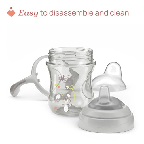 Chicco Transition Cup Coupe anti-goutte pour bébé 200ml, 1 tasse à biberon 4 mois et plus pour apprendre à boire, avec bec ergonomique en silicone, double valve anti-antiolique, sans BPA - Gris
