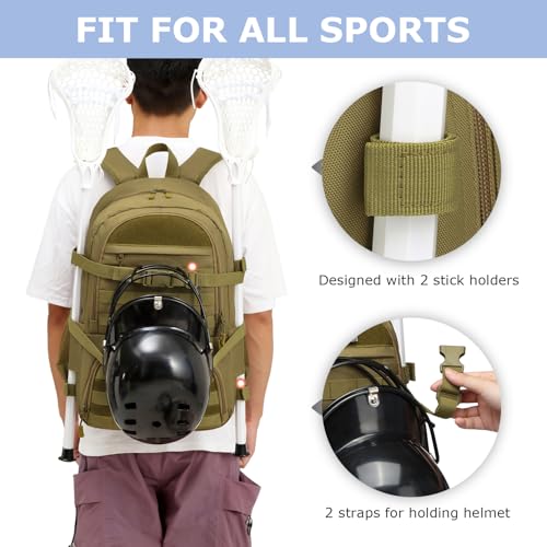 XINTREY Lacrosse Bag Large tactical Field Hockey Backpack with Stick & Helmet Holders Lacrosse Accessories and Gears Bag (Brown) - Thumbnail 3