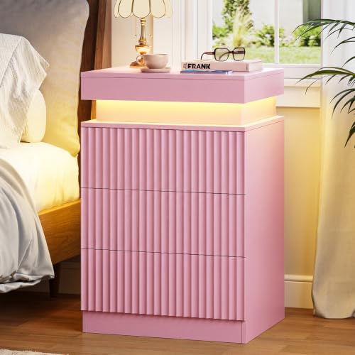 Image of Fluted LED Night Stand with Charging Station, Pink